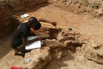 Severine and Ally recording stratigraphy at the Old Boma excavation in July (Photo. Graham Bruce)