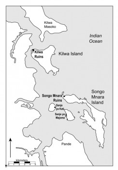 Ramani 1: Ramani inayoonyesha eneo la Kilwa Kisiwani na Songo Mnara. Figure 1: Map showing the location of Kilwa Kisiwani and Songo Mnara. (at bottom of document with link for referencing)